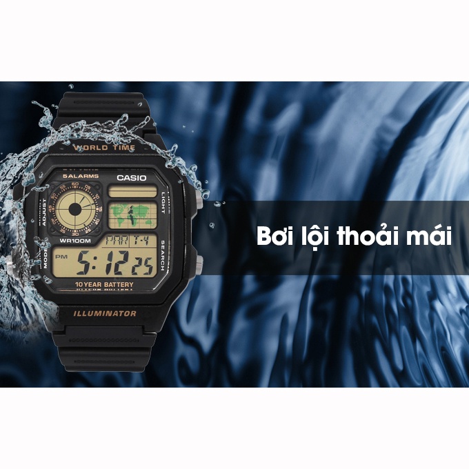 Đồng Hồ Casio Nam AE-1200WH-1BVDF Dây Nhựa - Mặt Vuông Điện Tử - Pin 10 Năm