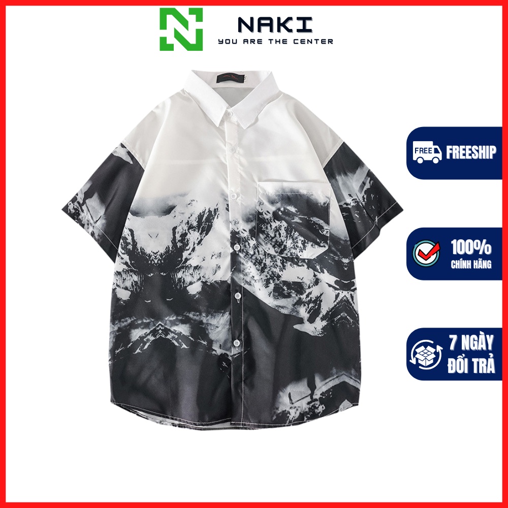 Áo sơ mi nam tay ngắn màu trắng họa tiết hình phong thủy thanh lịch , phá cách , Bad boy