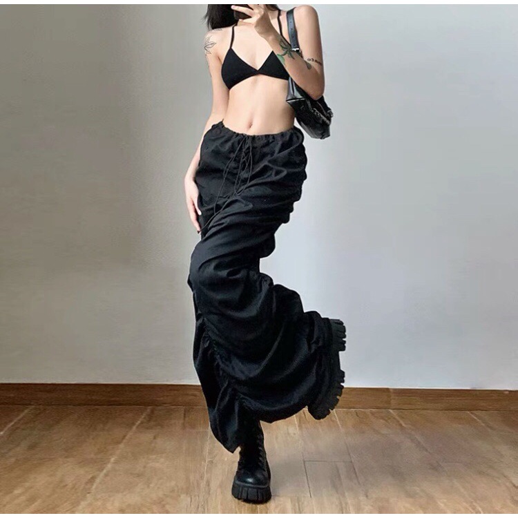 Chân Váy Dài Lưng Cao Co Giãn Tốt Phối Dây Rút Y2K Thời Trang Retro Cho Nữ