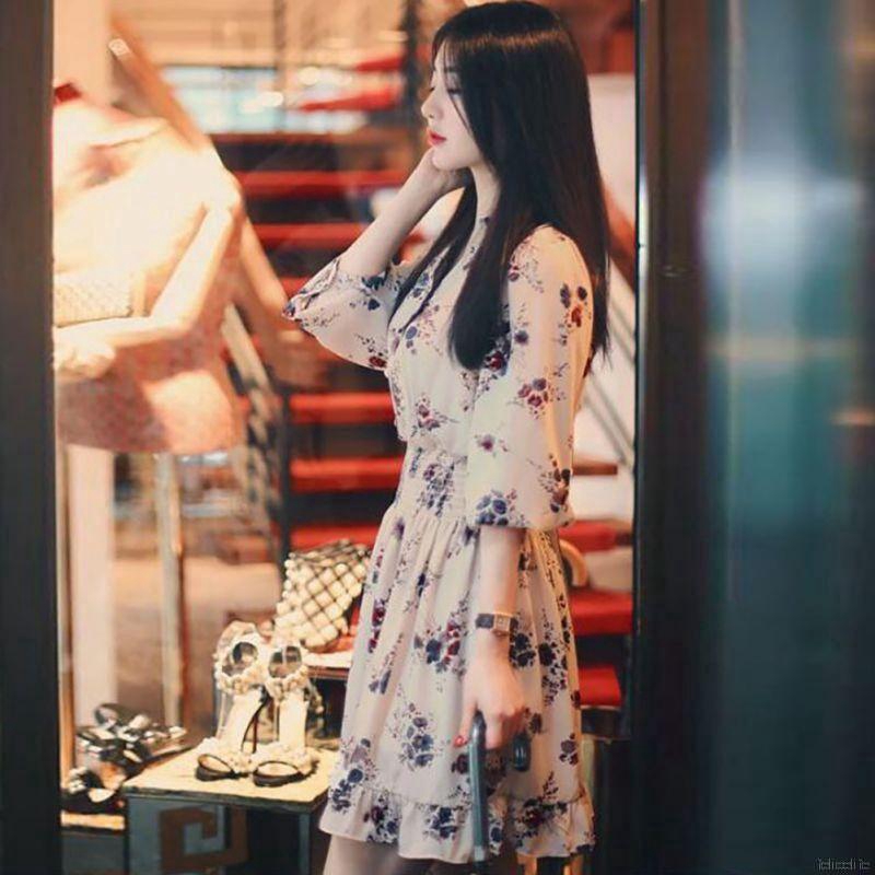 FREESHIP ĐƠN 99K_ Đầm tay dài hoạ tiết hoa thiết kế cổ chữ V nữ tính