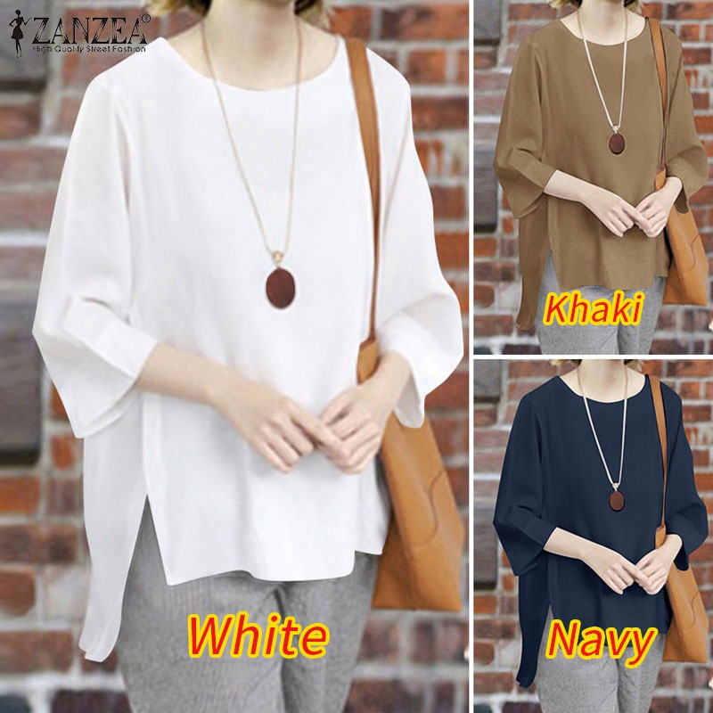 Áo cổ tròn ZANZEA tay 3/4 màu trơn thời trang retro Hàn Quốc cho nữ