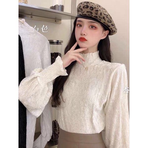 Áo thun kiểu cổ 3 phân, áo thu đông có tay bo chun chất vải dày dặn order Taobao thời trang Hàn Quốc 2021