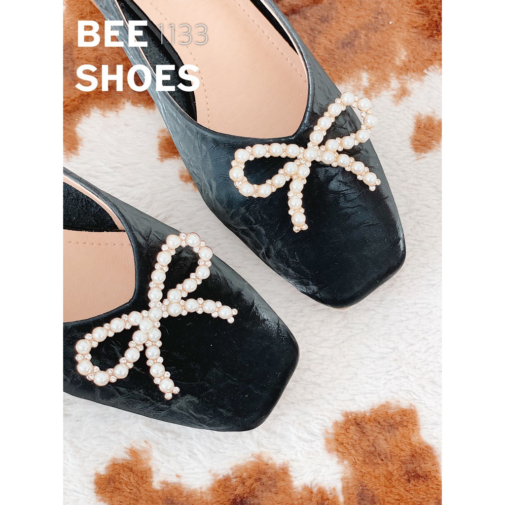 BEESHOES - GIÀY BÚP BÊ NỮ MŨI VUÔNG HỌC TIẾT NƠ - GIÀY BÚP BÊ NỮ ĐẾ VUÔNG CAO 3 PHÂN SẴN MÀU ĐEN - KEM - HỒNG ĐẤT 201133