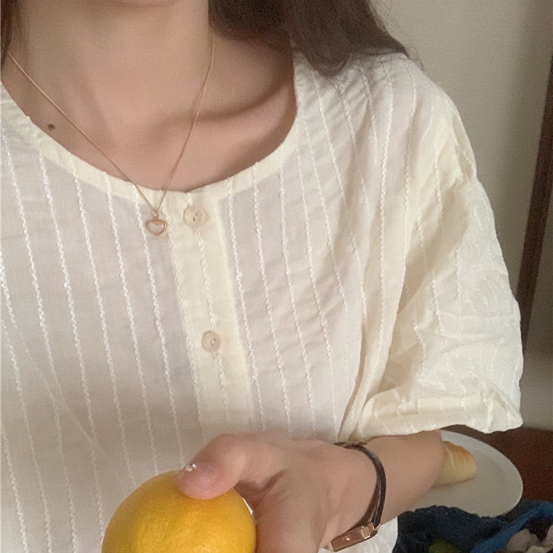 SUXI Áo Thun Tay Ngắn Cổ Tròn Màu Sắc Đơn Giản Phong Cách Vintage Hàn Quốc