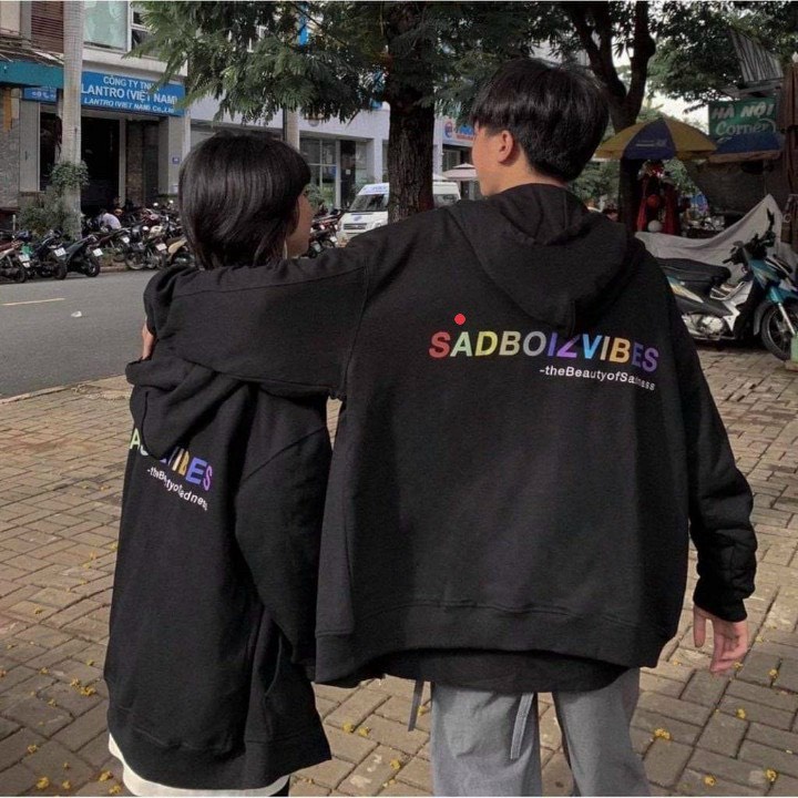 Áo khoác nỉ cặp đôi dây khóa kéo có mũ màu đen mặc chống nắng, đi chơi dễ thương