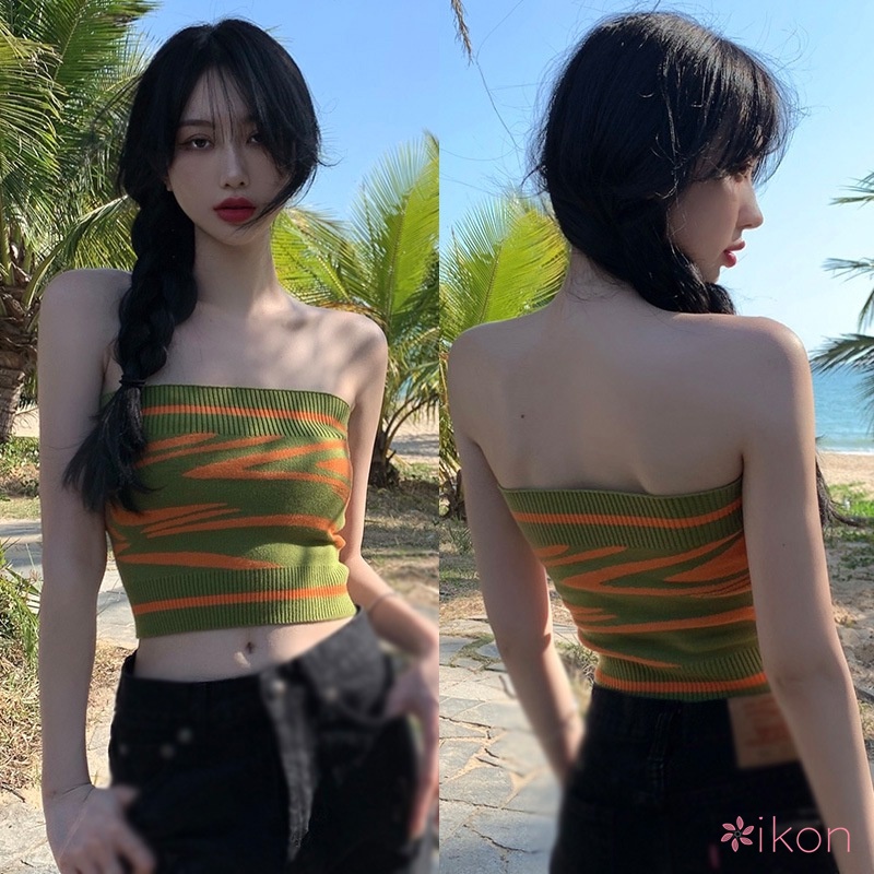 Áo Croptop Dệt Kim Hoạ Tiết Kẻ Sọc Thiết Kế Quyến Rũ