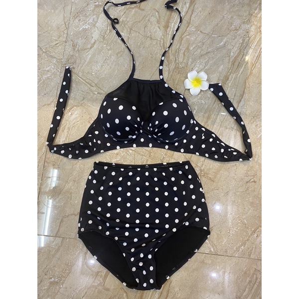Bikini đi biển chấm bi áo ngực mút dày phối lưới- đồ bơi nữ mút dày nâng ngực quần cạp cao- shopnabi