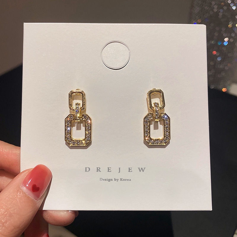 Khuyên tai bạc 925 thiết kế hình học đơn giản phong cách Hàn Quốc