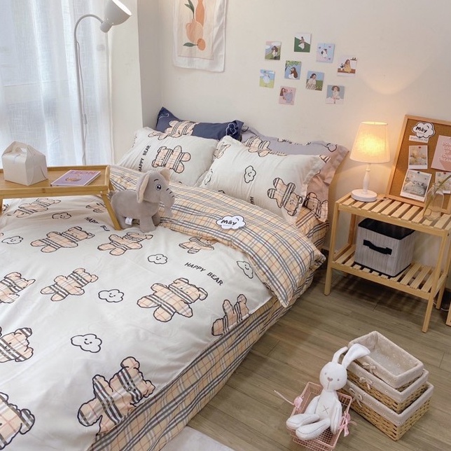 Bộ chăn ga gối Cotton Poly Mây Bedding hoạ tiết Gấu caro kẻ đủ màu xanh dương xám trắng MÂY BEDDING đủ kích thước nệm