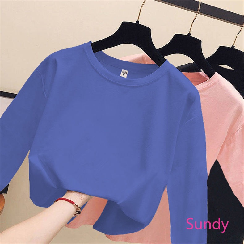 Áo Thun Tay Dài Dáng Rộng Màu Sắc Đơn Giản Cho Nữ