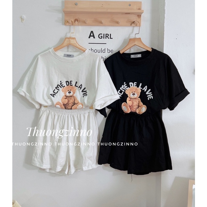 [Ảnh thật/Video]Bộ thể thao HÌNH GẤU cute dáng rộng mùa hè Set áo phông kèm quần chất thun cotton màu dễ thương