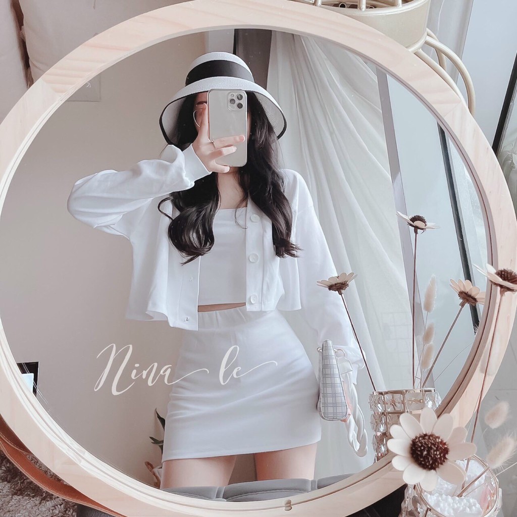 sét bộ 3 món áo khoác áo 2s và chân váy siêu cute