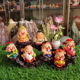 Bộ tượng Ngũ Phúc kèm tượng Phật Tổ + Quan Âm + chậu hoa sen + đế y hình