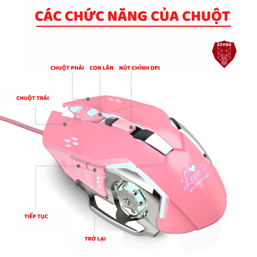 Chuột gaming có dây MÀU HỒNG ZIYOU X500 có led RGB đổi màu cực đẹp, thiết kế đặc biệt cho máy tính, PC, Laptop