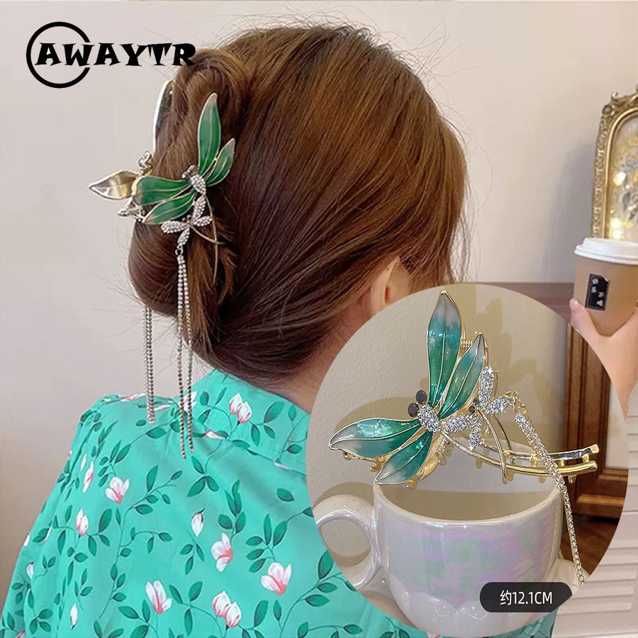Kẹp Tóc Tua Rua Hình Chuồn Chuồn Đính Đá Màu Xanh Lá Cây Lấp Lánh Thời Trang Kiểu Hàn Quốc 12cm