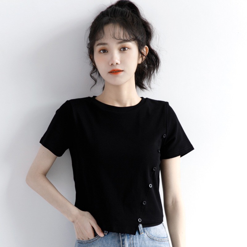 Áo thun croptop nút lệch chất cotton thoáng mát Xonxen shop free size mã 023788