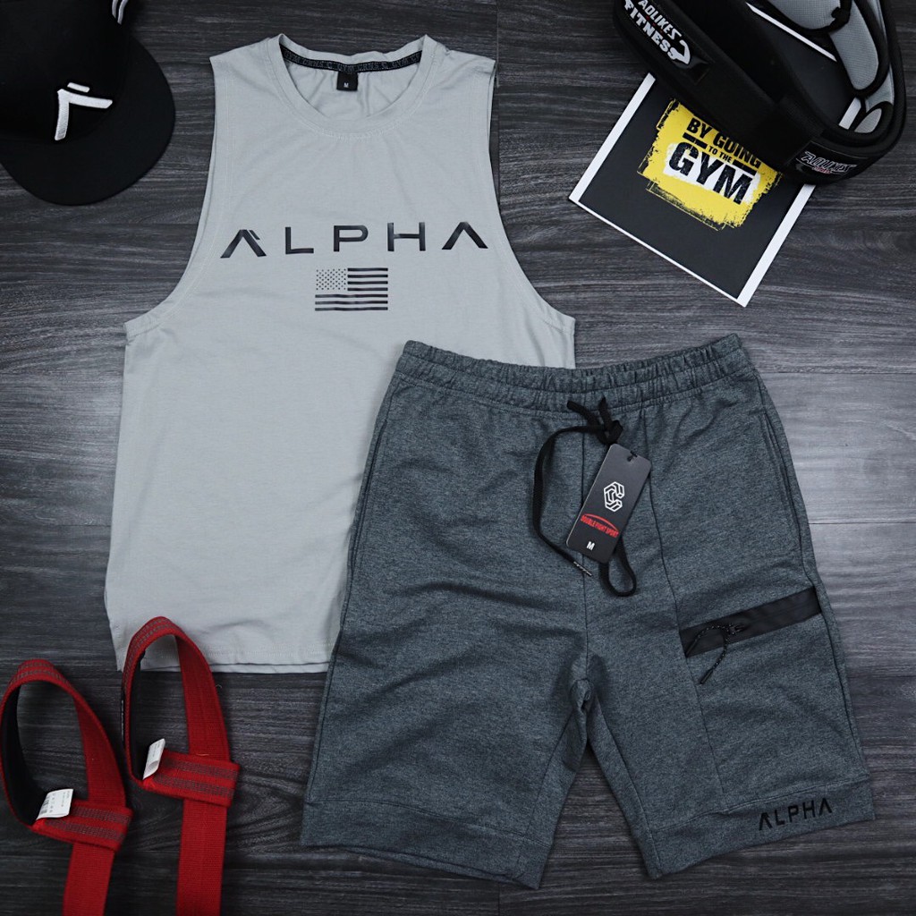 Bộ quần áo thể thao nam Alpha quần short + Áo tank top mặc đi tập, chạy bộ, chơi thể thao