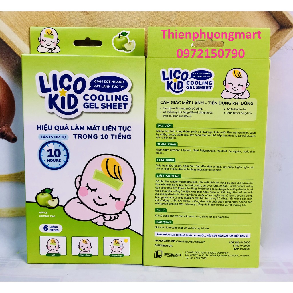 Miếng dán hạ số Lico kid giảm sốt nhanh, Mát lạnh tức thời - Dán hạ sốt hương chanh, hương táo, hương bạc hà 6 miếng/hộp