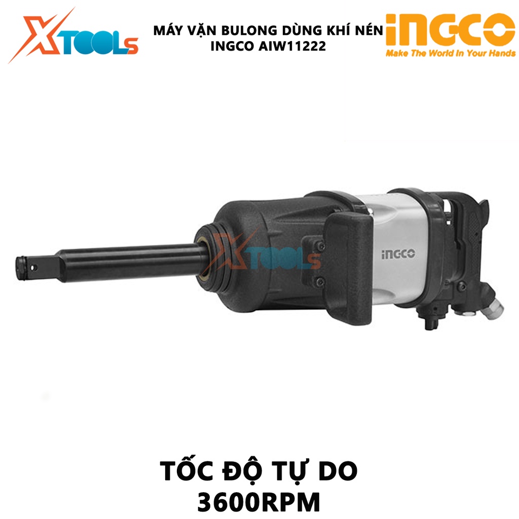 Máy siết bulong khí nén 25mm (1&quot;) Ingco AIW11222 đậu vặn vuông 25mm(1''); lượng khí tiêu thụ: 1019l/min, kích thước bulo