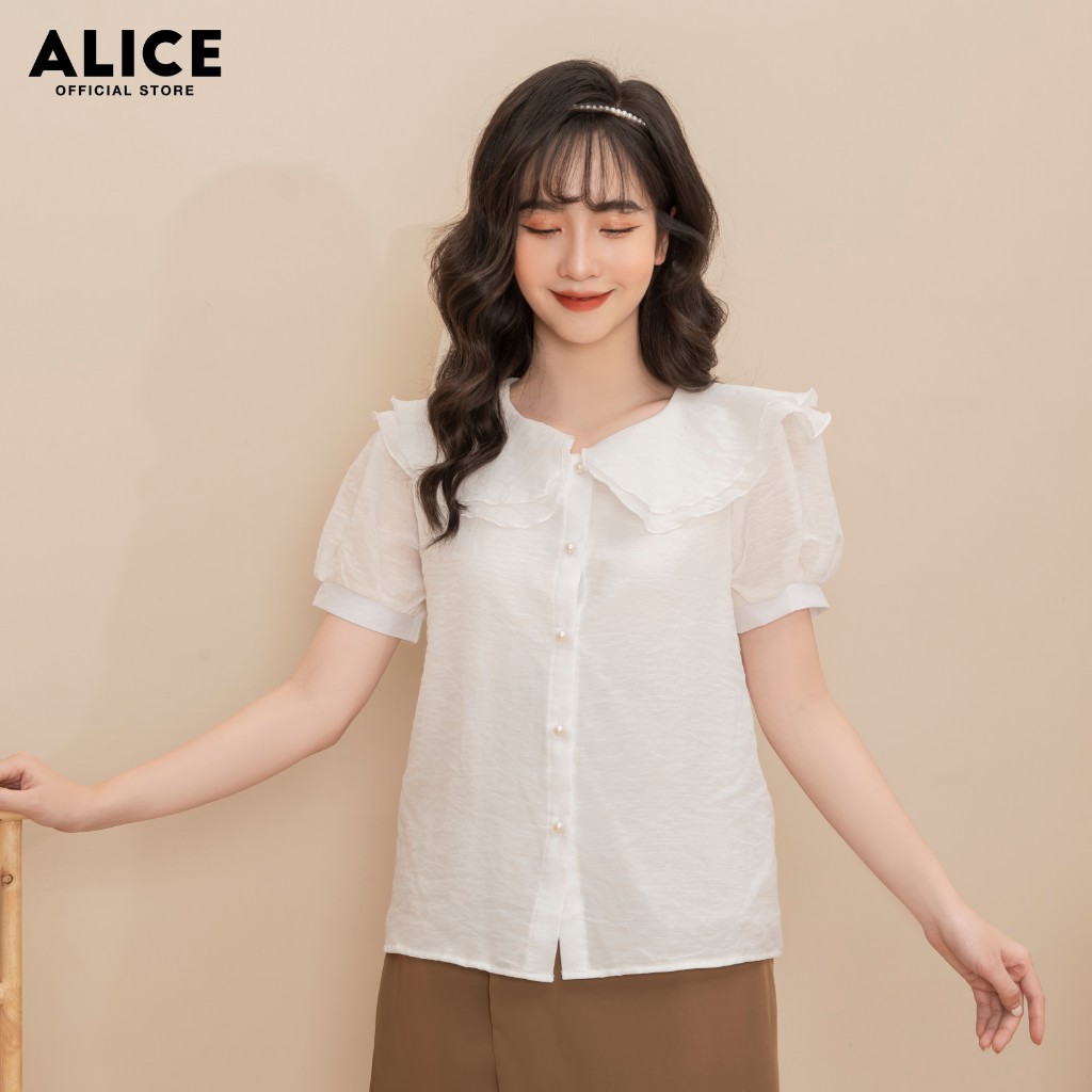 Áo Sơ Mi Trắng Nữ Cổ Bèo ALICE A204 Thiết Kế Dáng Suông Tay Bồng Ngắn Phối Cúc Ngọc