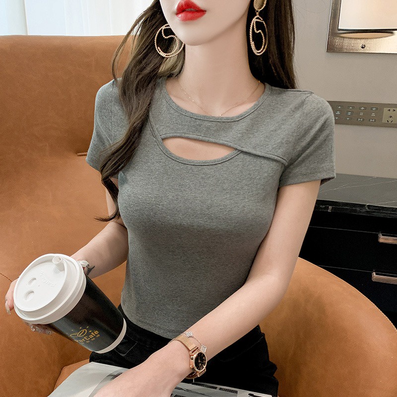 Áo Thun cotton / Áo Thun Tay Ngắn Dáng Ôm Co Giãn Phong Cách Mới Cho Nữ