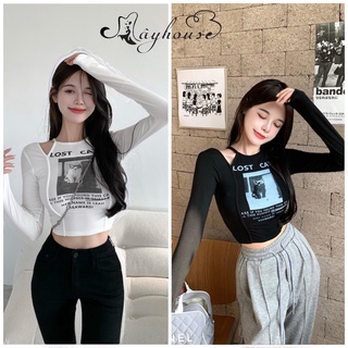 Áo Thun Crotop Dài Tay kiểu yếm in chữ Lost Cat phong cách Ulzzang