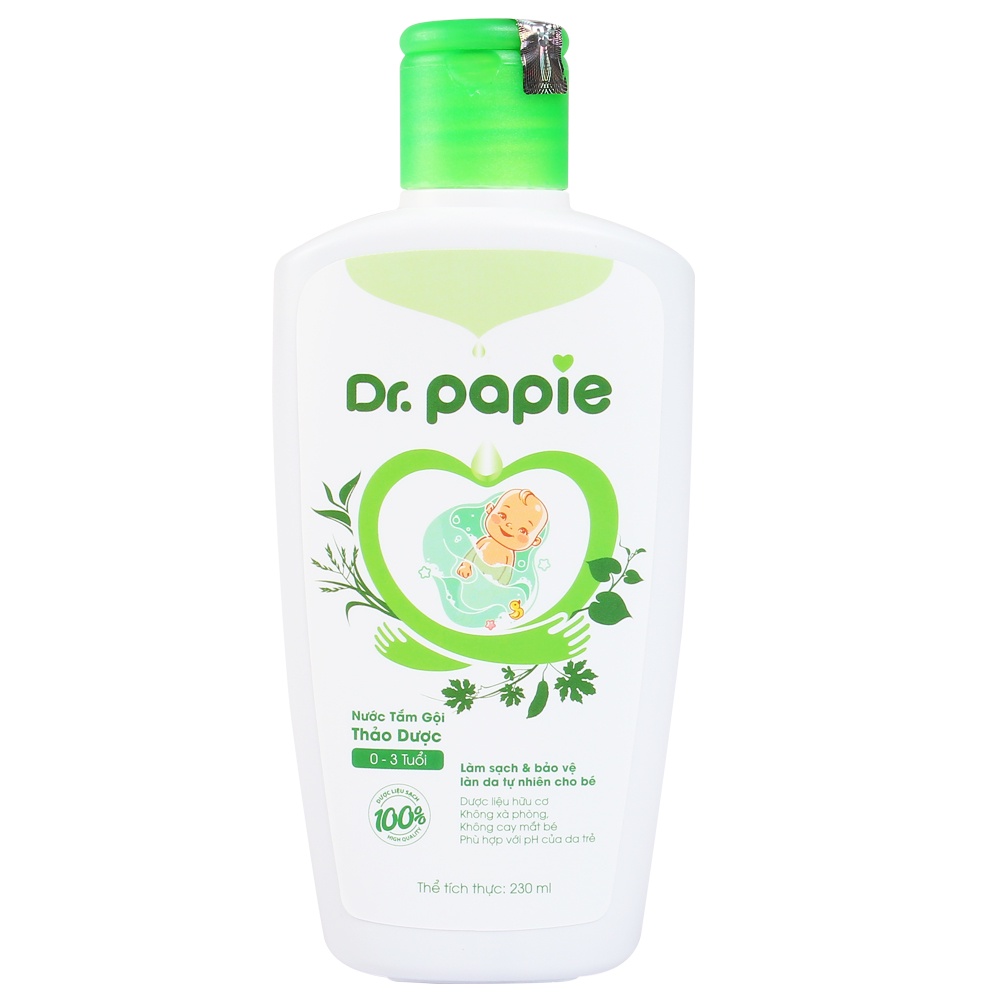 Sữa tắm gội thảo dược Dr papie, nước tắm gội thảo dược cho bé dạng chai 230ml