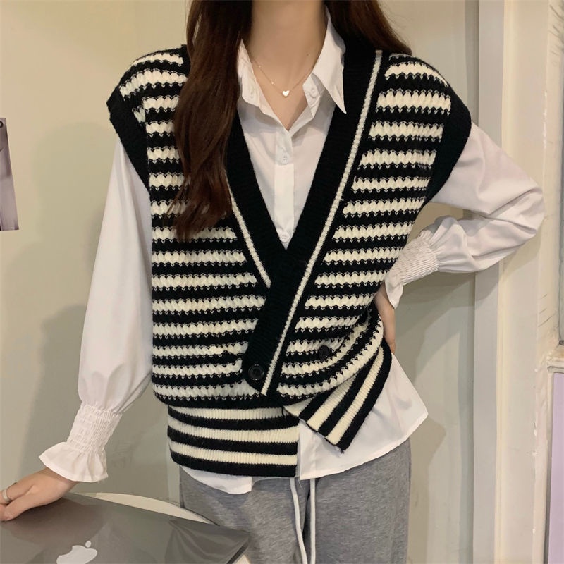 Áo dệt kim không tay dáng rộng phong cách vintage hàn quốc dành cho nữ