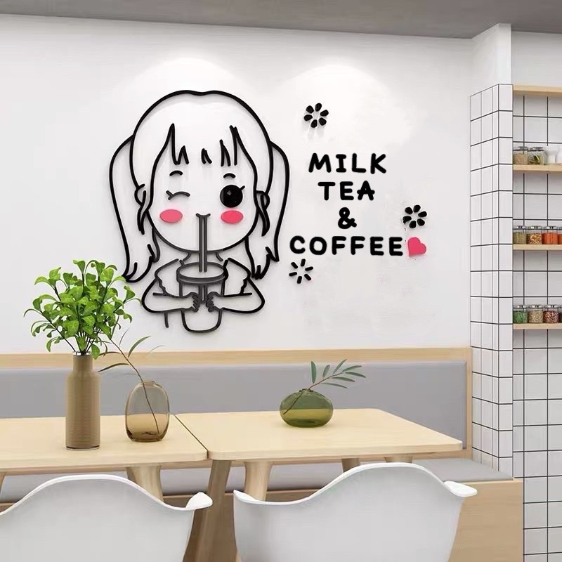 Tranh dán tường mica dán nổi cô gái trà sữa trang trí quán cafe, trà sữa