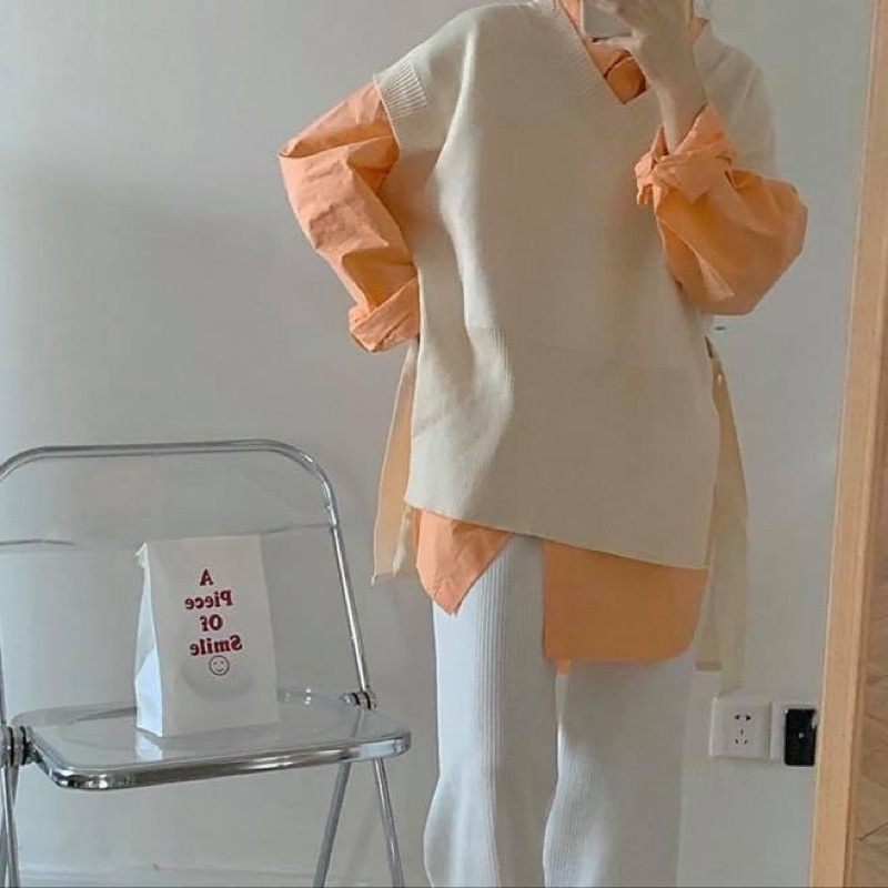 Áo sơ mi kiểu nữ tay dài oversize form rộng trơn cao cấp vạt bầu kèm áo gile len không tay - Order taobao quảng châu
