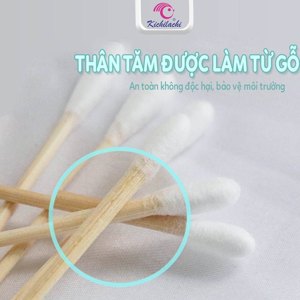 Tăm Bông Gói Kichi 100pcs Que Gỗ 100% Cotton Cao Cấp Người Lớn