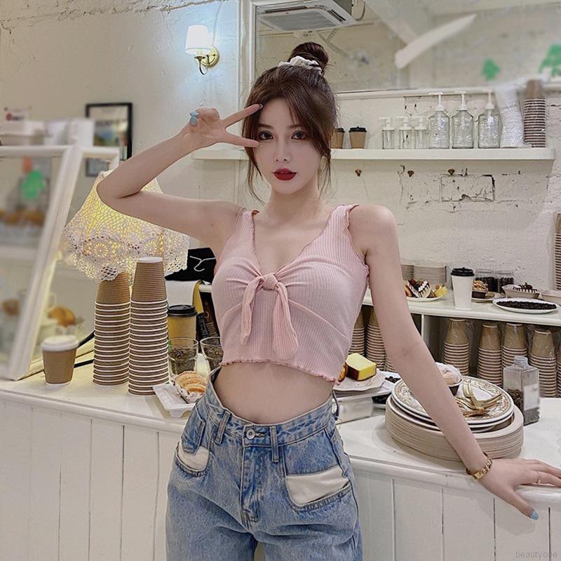 Áo Croptop Hai Dây Cổ Trễ Chữ V Phối Viền Có Dây Thắt Nơ,Áo Croptop Thiết Kế Màu Trơn Phong Cách Hàn Cực Đẹp