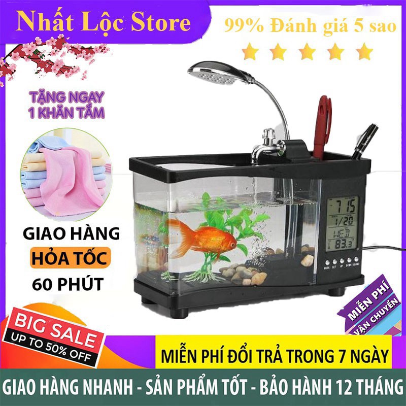 Hồ Cá Cảnh 💥Bể Cá Mini💥 Để Bàn Kiêm Đồng Hồ Siêu Đẹp (Tặng Kèm Đá Và Cây Cảnh)💥SIÊU SALE💥