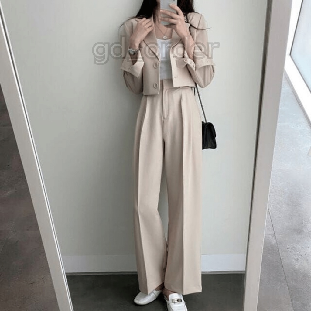 B29|Set bộ vest nữ công sở hàn quốc trẻ trung, đẹp ống rộng dáng ngắn màu nâu, be, đen gd_order