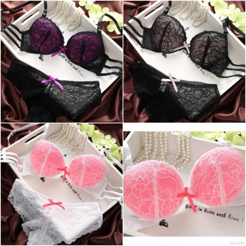 Set áo ngực có đệm nâng ngực + quần lót ren đính nơ quyến rũ cho nữ