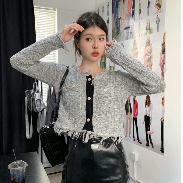 QKOOLE Áo khoác dệt kim tay dài cổ tròn phong cách Hàn Quốc cho nữ