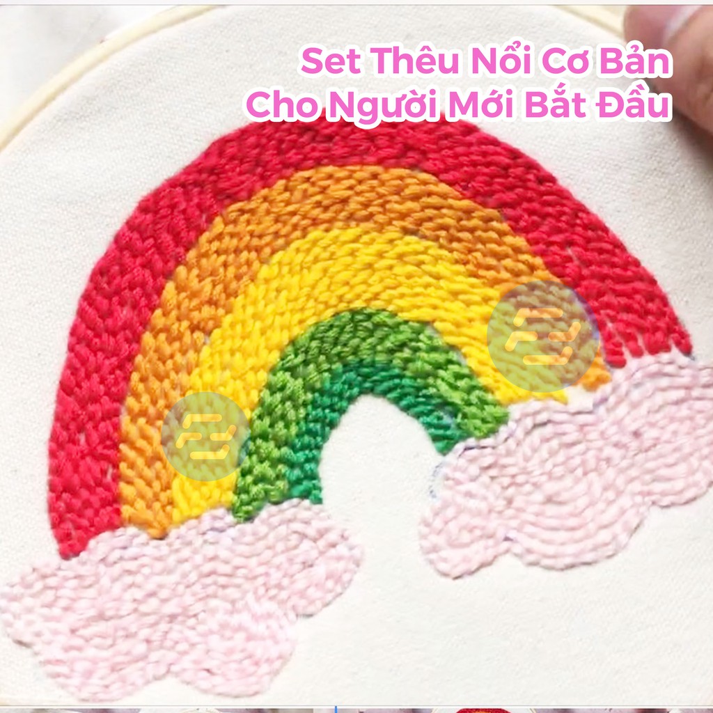 Kim Thêu Nổi Thêu Xù Punch Needle Set Cầu Vồng Dùng Len Đan Móc và Chỉ Thêu Đầy Đủ Dụng Cụ Cho Người Mới Bắt Đầu