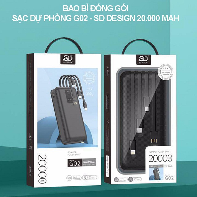 [Gắn Kèm Cáp] Pin sạc dự phòng G02 SD Design 20,000 mAh kèm 3 cáp sạc cho hầu hết điện thoại