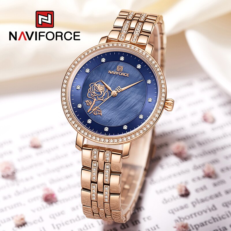 Đồng Hồ NAVIFORCE Thiết Kế Máy Quartz Sang Trọng Tinh Tế Cùng Dây Đeo Khảm Kim Cương Có Kháng Nước Cho Nữ