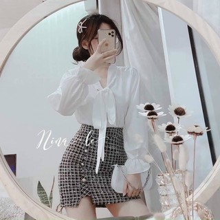 Set áo sơ mi kiểu chất voan trắng cột nơ cổ tay dài bèo + chân váy dạ caro đính ngọc