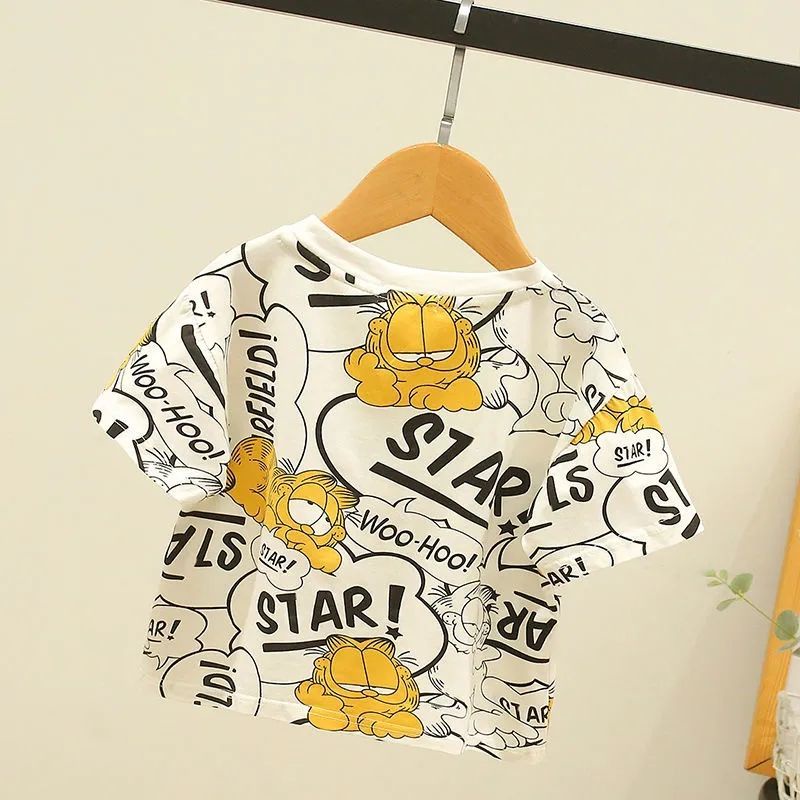 Áo Thun Cotton Ngắn Tay In Hình Mèo Garfield Thời Trang Mùa Hè Cho Bé