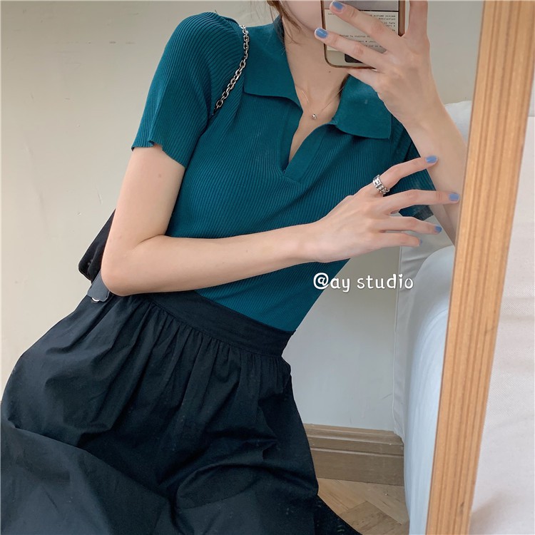 (ORDER) Áo len tăm dệt kim cộc tay cổ bẻ POLO ôm dáng thon gọn sang chảnh Hàn Quốc