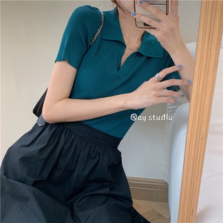 (ORDER-sẵn Xanh) Áo len tăm dệt kim cộc tay cổ bẻ POLO ôm dáng thon gọn sang chảnh Hàn Quốc - Có ảnh thật