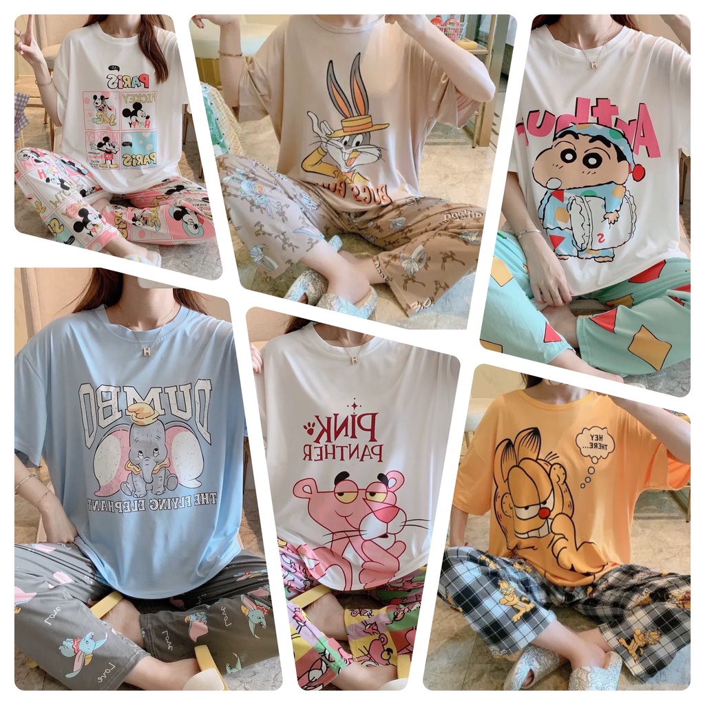 Bộ ngủ mặc nhà cộc tay quần dài đồ bộ họa tiết hoạt hình cute dễ thương chất cotton thun lạnh dáng rộng JALJA Set06 | BigBuy360 - bigbuy360.vn