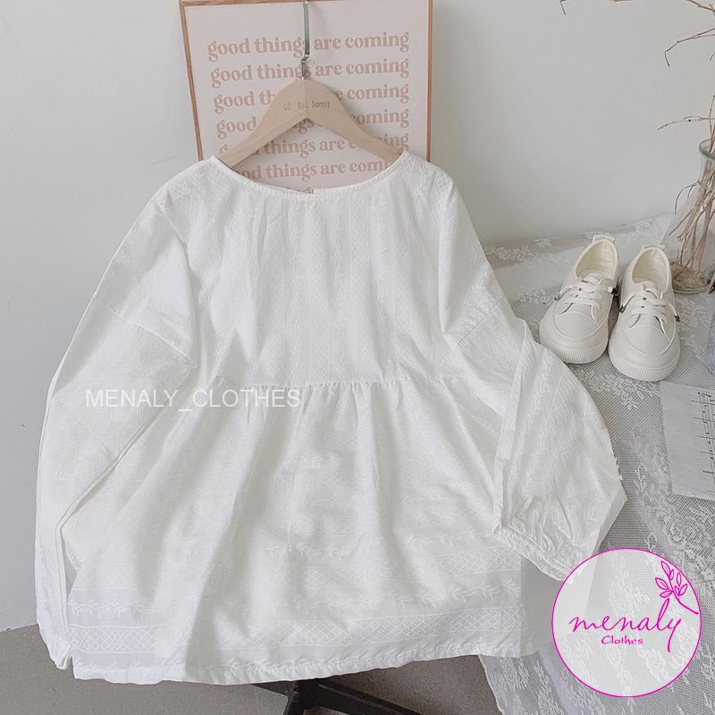 Áo kiểu babydoll trắng nữ tay phồng A03, mẫu áo sơ mi kiểu xuông babydoll kiểu dáng dễ thương, thích hợp mọi vóc dáng