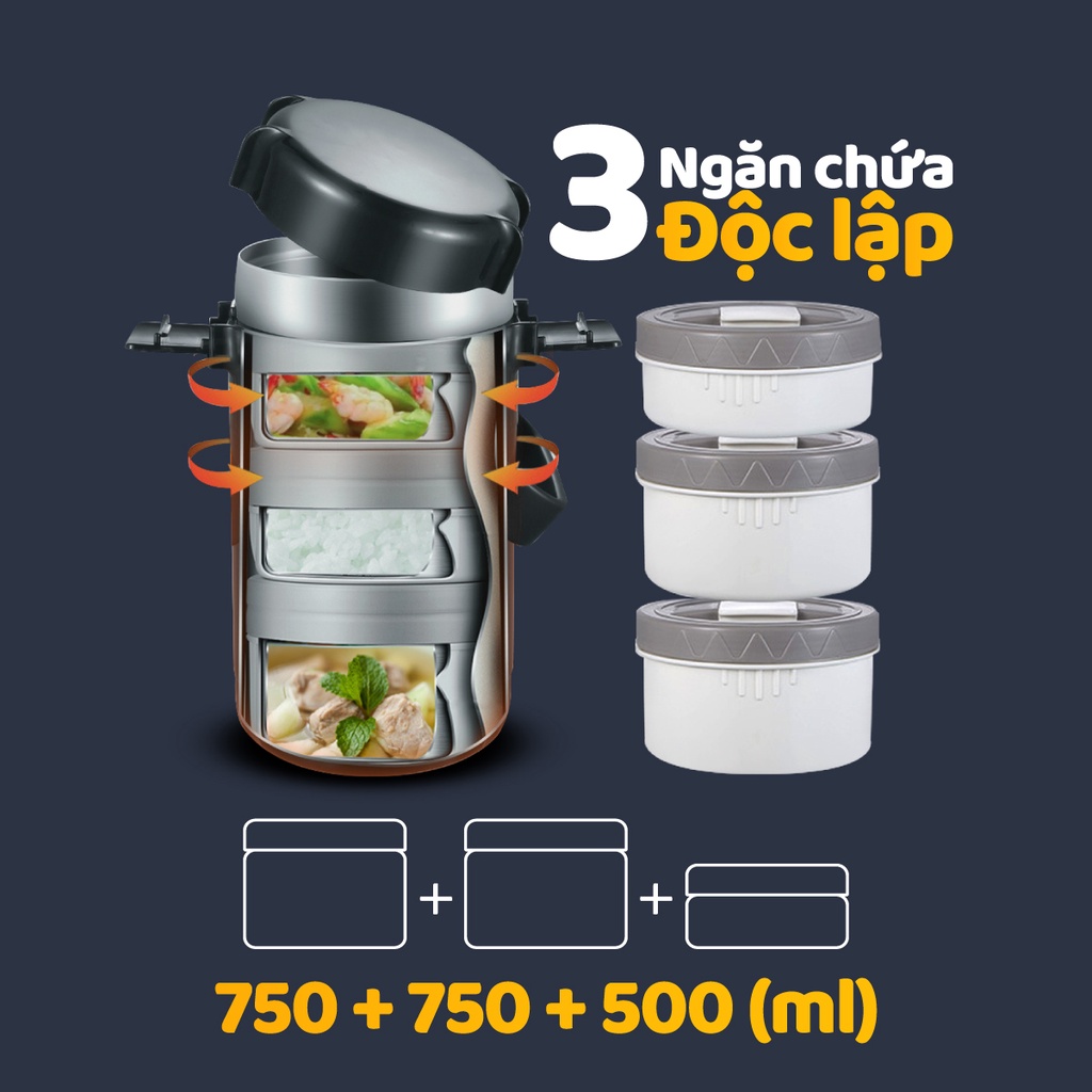 Bộ Hộp Cơm Giữ Nhiệt 2GOOD Lunch Box HC02  túi xách và quai xách đi kèm, tặng kèm muỗng và đũa inox