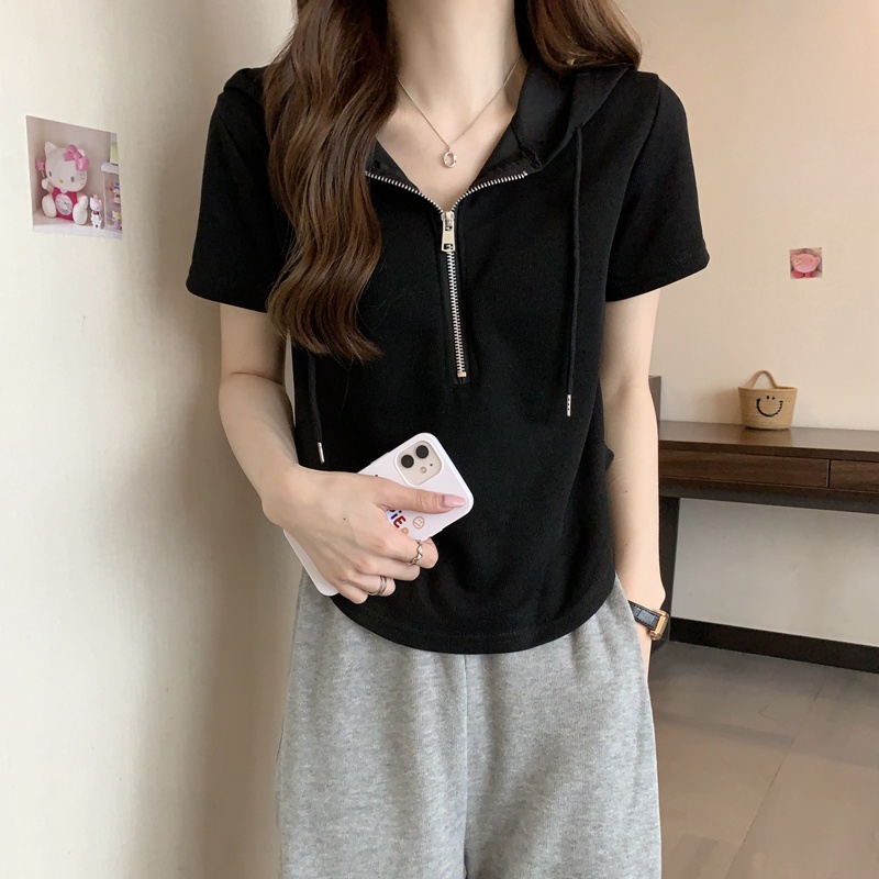 Áo Thun Tay Ngắn Có Mũ Trùm Đầu Màu Sắc Đơn Giản Dành Cho Nữ