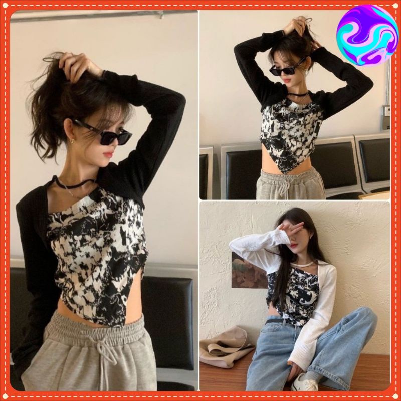 [ Siêu Hót ] Áo Croptop Tay Dài Phối áo yếm 2 dây Thiết Kế Cá Tính