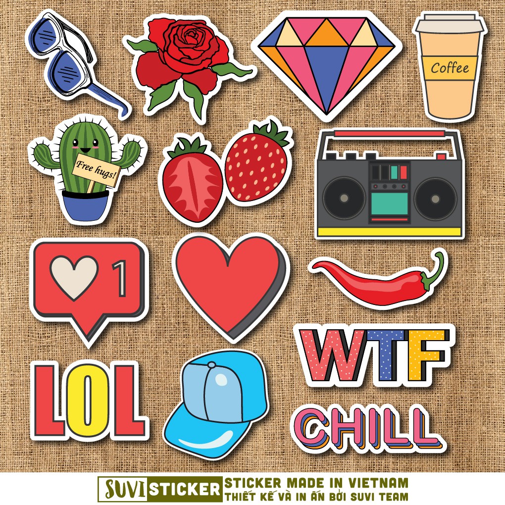 50 Sticker Nhiều Thể Loại chống nước sticker dán mũ bảo hiểm, laptop, điện thoại, đàn guitar, vali. MSP: NS23