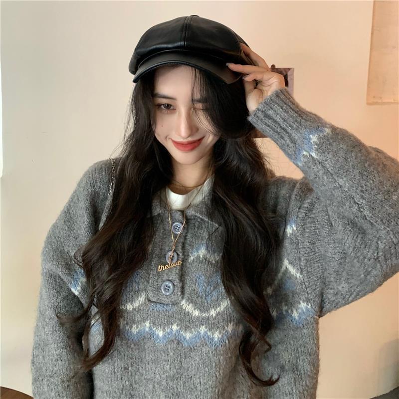 Áo thun Polo dệt kim màu sắc Retro thời trang thu đông Hàn Quốc mới cho nữ